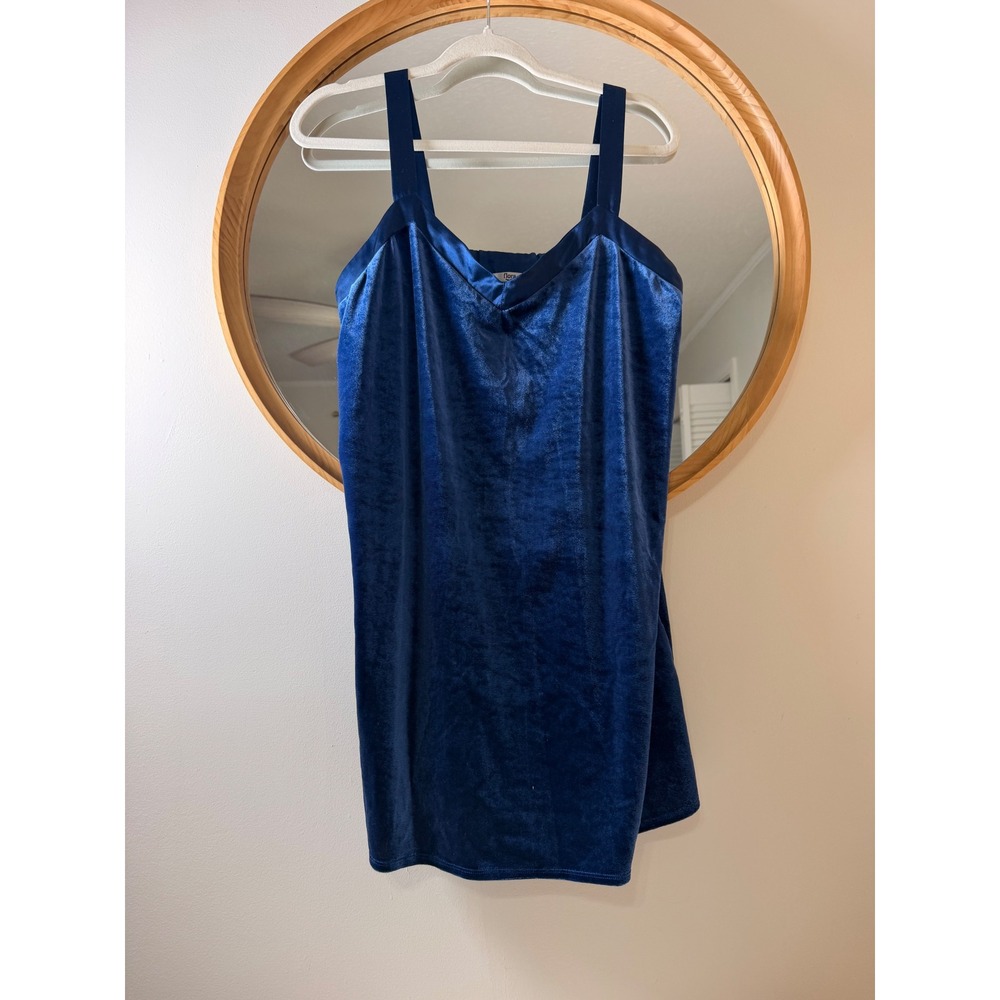 Flora Nikrooz Velvet Chemise Medium Blue Excellent Satin Trim V-Neck Nighty